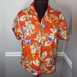 Sag Harbor Sport Womens Hawaiian Shirt Floral‎ Button Down Short Sleeve M Orange